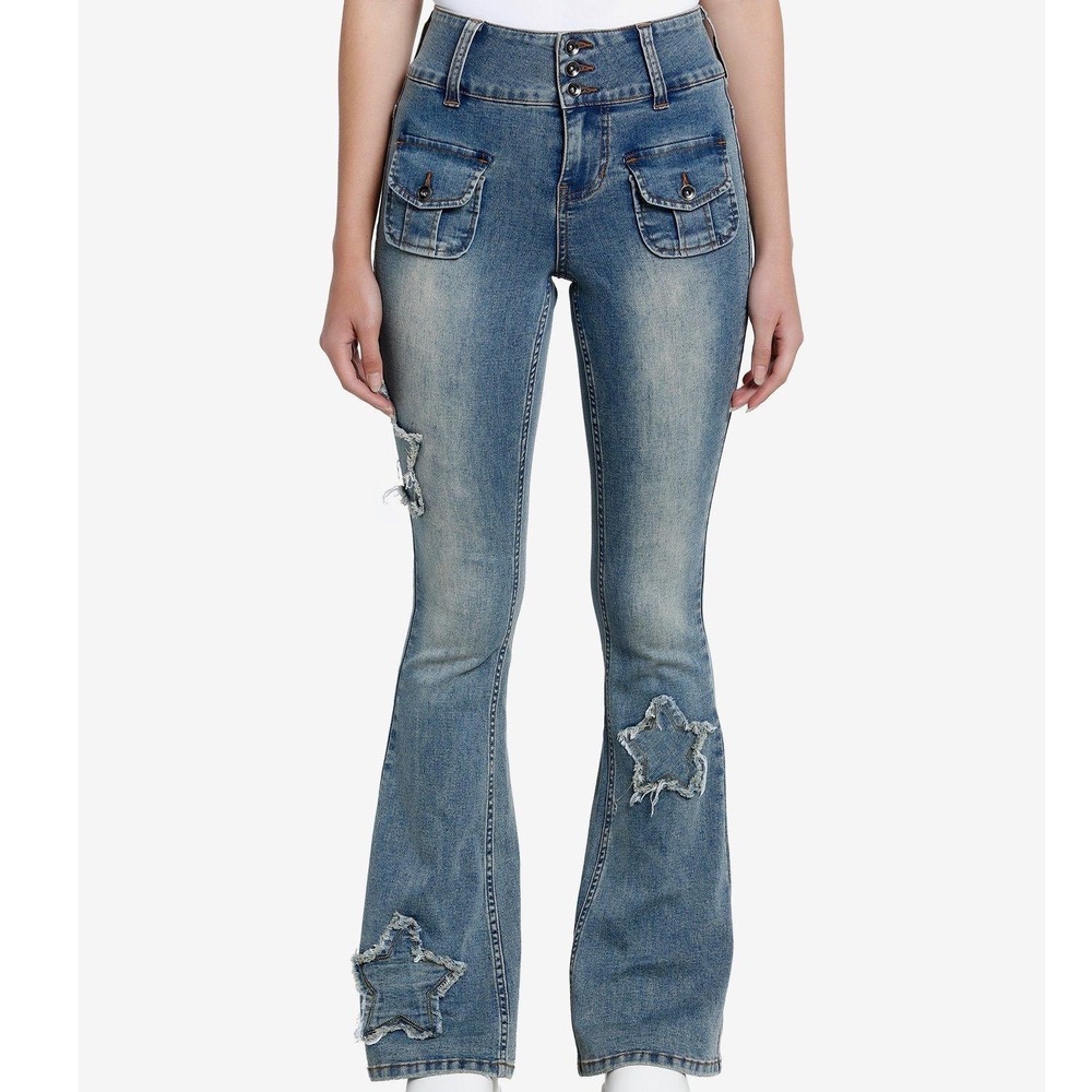 Hot Topic Y2K Star Patch Flare Jeans‎ High Waist Cargo Pocket Blue Denim Sz 9 t3